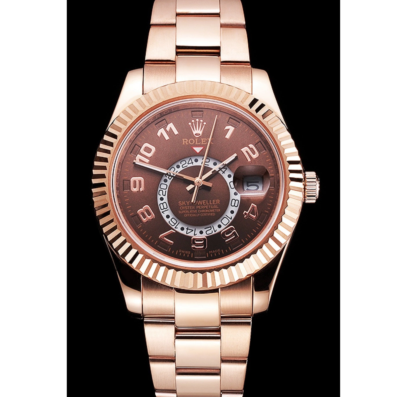 Aaa replica watch Sky Brown Case Bracelet Dweller Dial Gold Ad Rose Rolex 0629